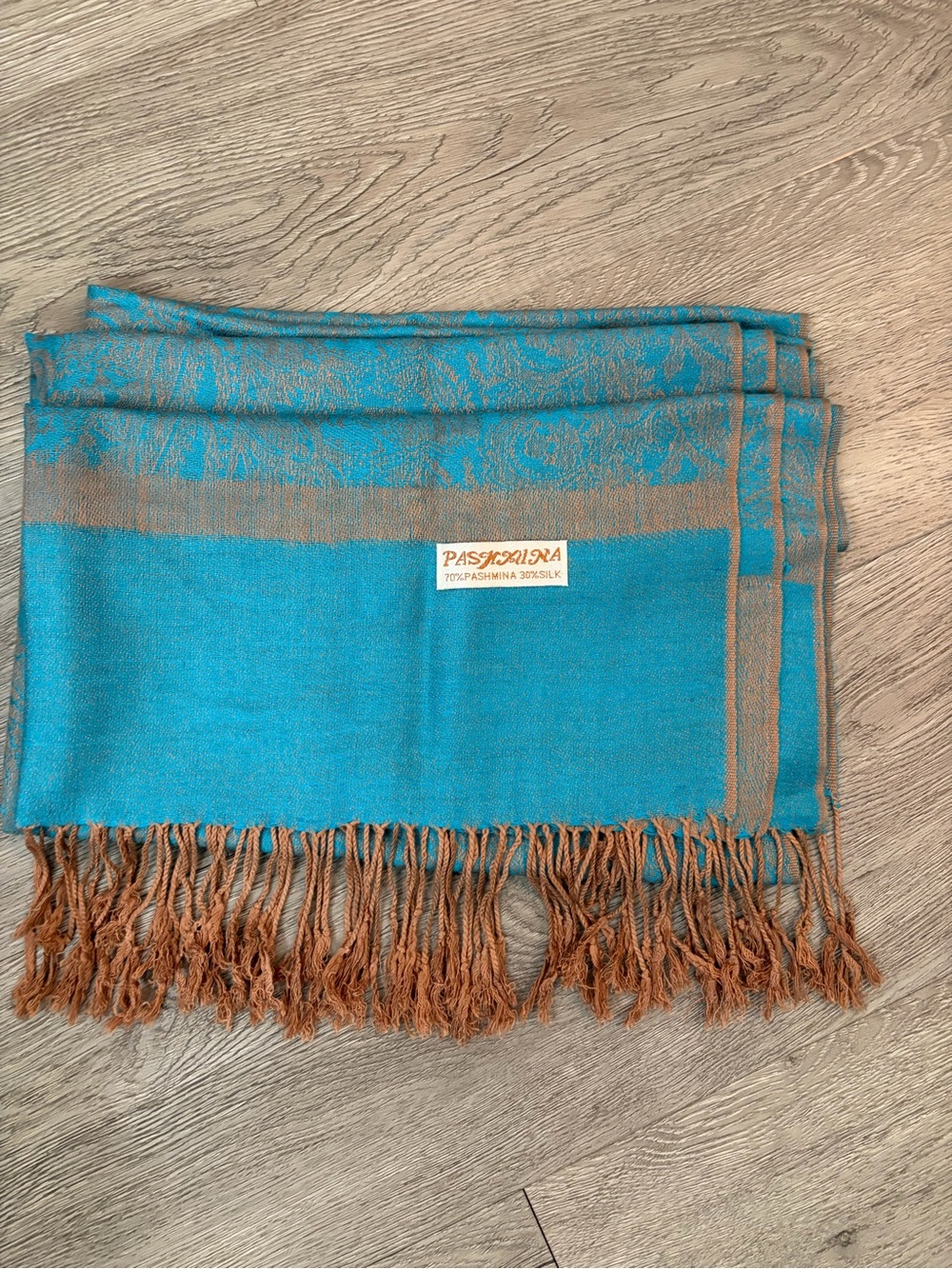 NWOT pashmina Teal and Brown Paisley Fringe Wrap approx 5x2